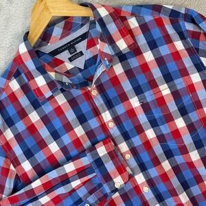 Tommy Hilfiger Men's XL Red Blue White Check Plaid Button Front Shirt Custom Fit